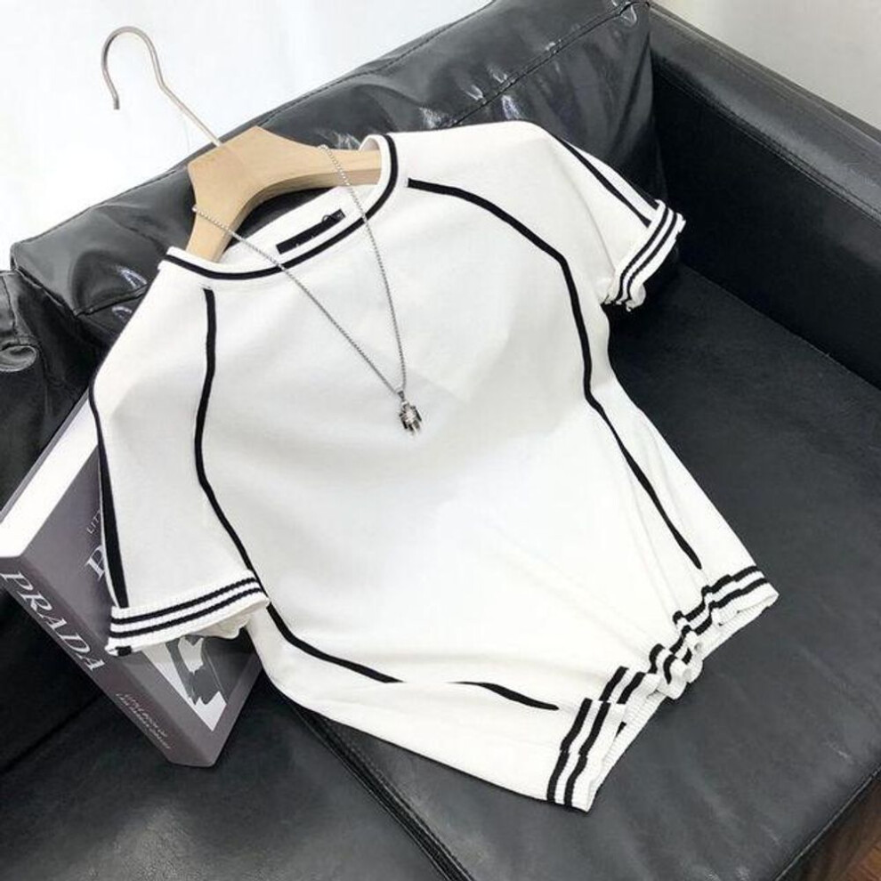 (white, XXXL) Summer Casual Patchwork Contrasting Striped Oversized Men&apos;s And Women&apos;s Ice Silk Knitted Sweater Short Sleeved T-shirt
