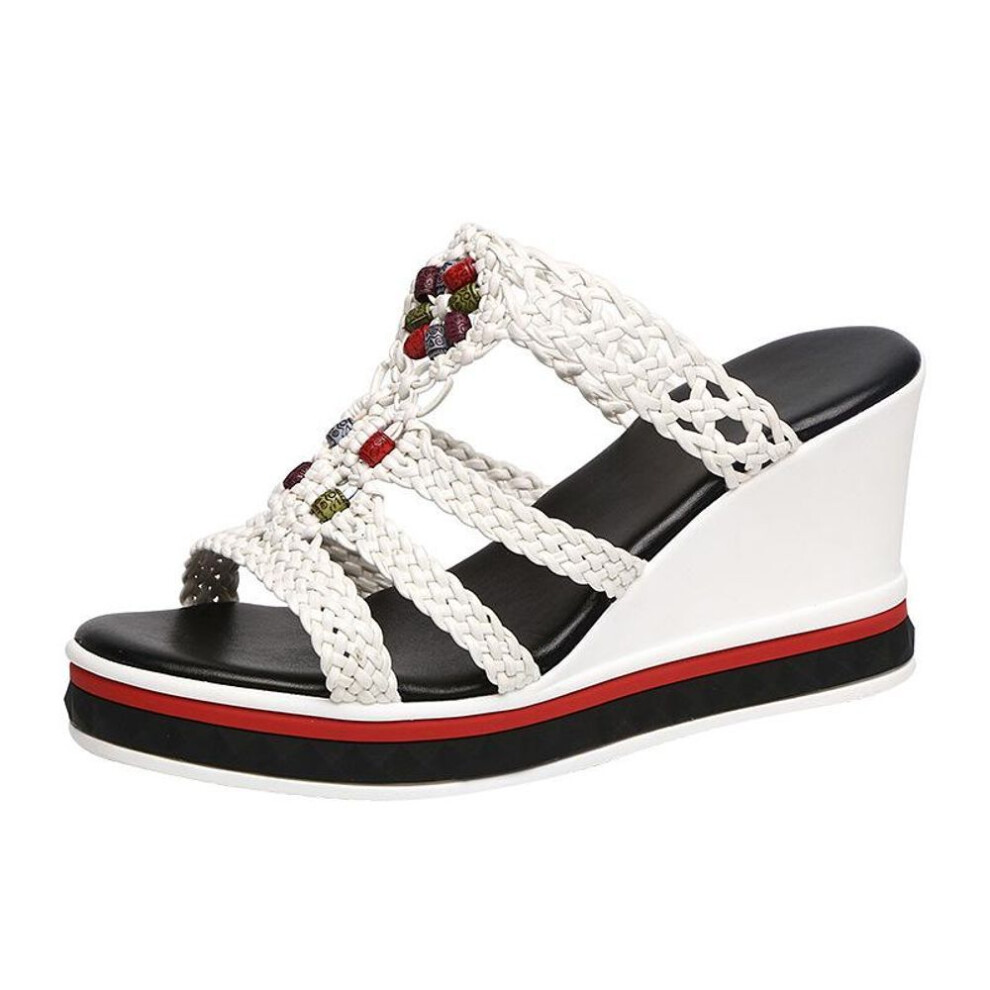 (white, 35) Women Slipper Sandals Wedges Platform Leather Peep Toe Crystal Elegant Female Sandals Ladies Mules Summer Shoes