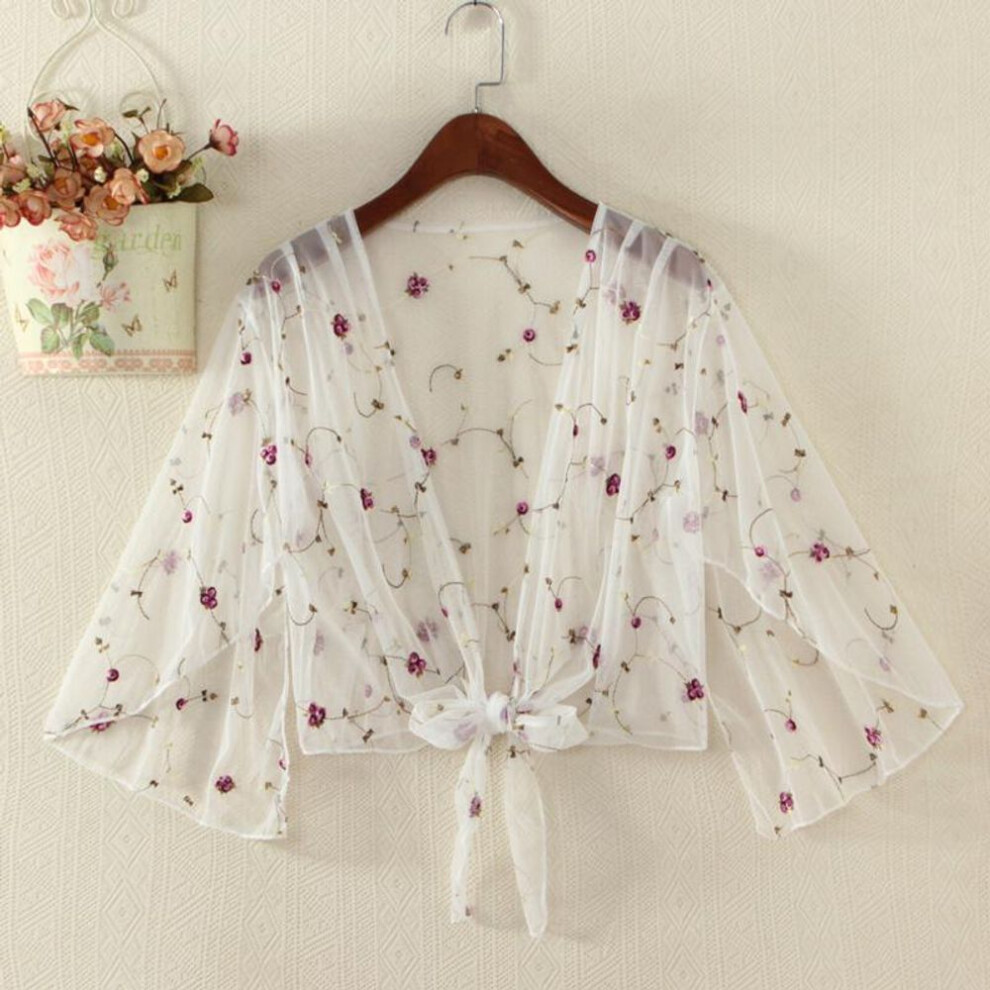 (XL, white) Women Floral Embroidery Mesh Sheer Cover Up Shirts Long Sleeve See Through Cardigan Blouse Beach Boho Shawl Bathing Suit