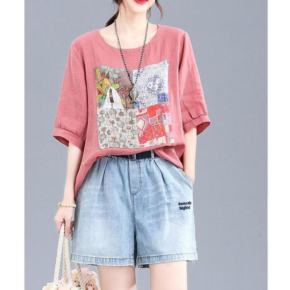 (L, red) Women Vintage Print Bow Oversized Cotton Linen Blouse Summer Simple Casual Short Sleeve Shirt All Match Comfortable Tops