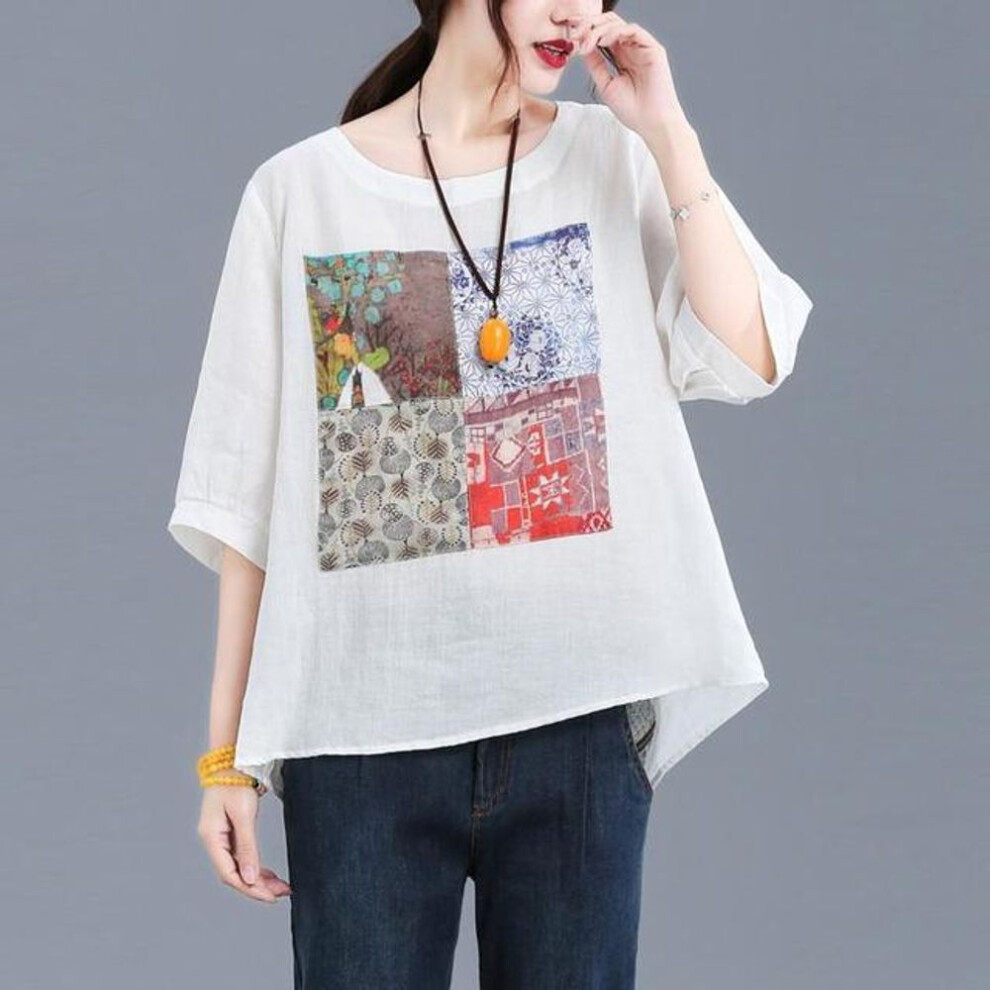 (XL, white) Women Vintage Print Bow Oversized Cotton Linen Blouse Summer Simple Casual Short Sleeve Shirt All Match Comfortable Tops