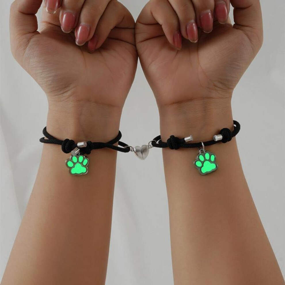 (green) 2pcs Luminous Dog Paw Bracelet Love Heart Magnetic Braid Adjustable Bracelet For your Friends Families