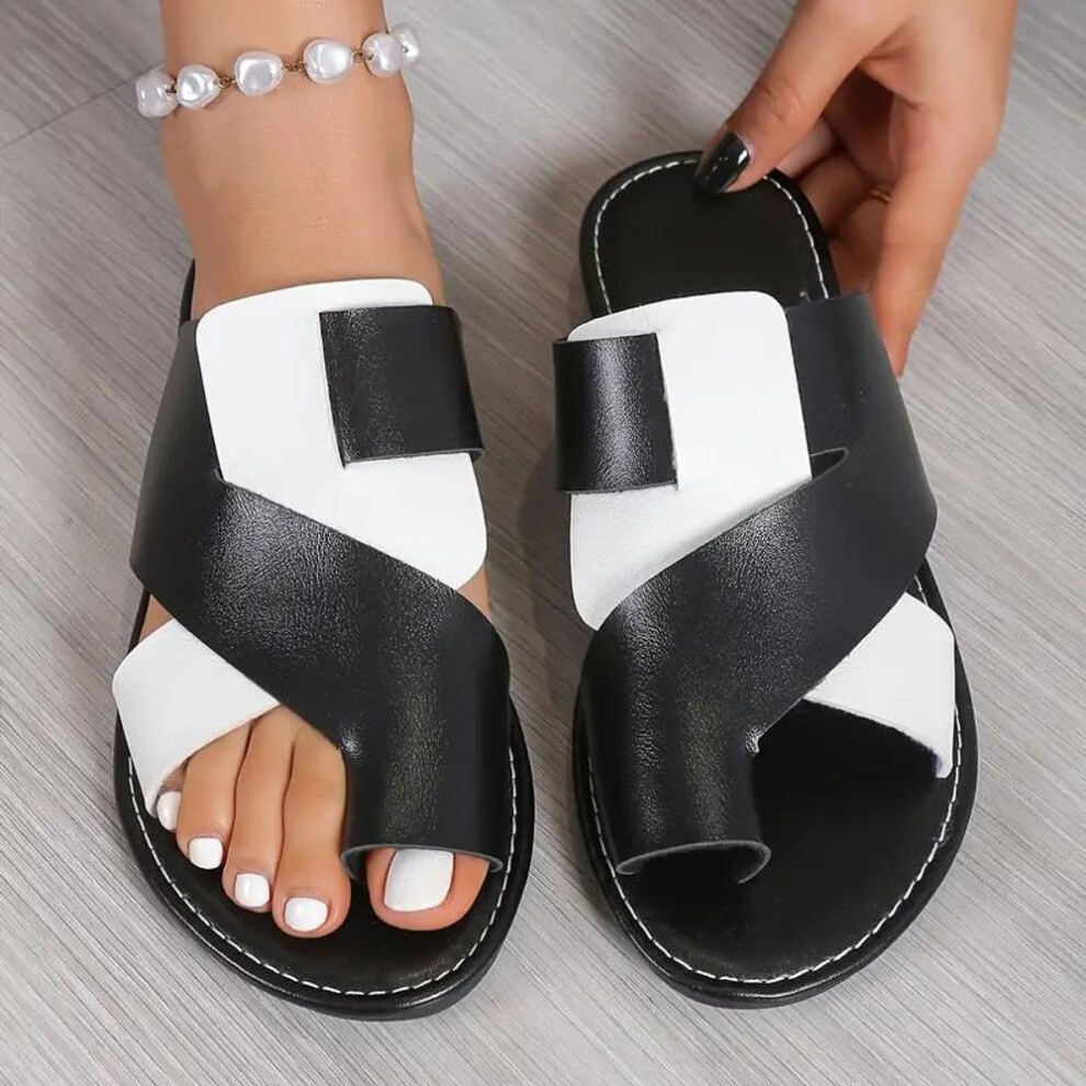 (black, 42) 2024 New Women&apos;s Contrast Color Slide Sandals Casual Loop Toe Flat Summer Shoes Lightweight Slide Sandals