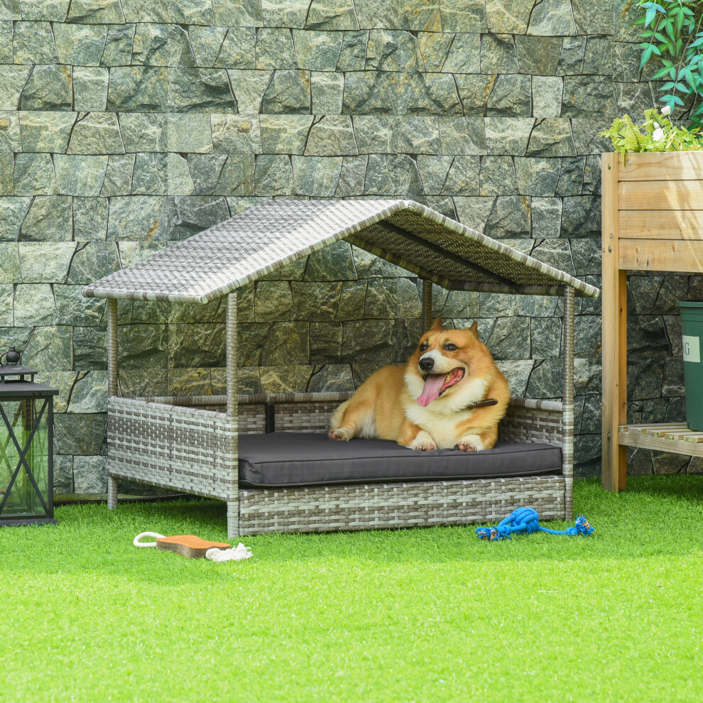 PawHut Wicker Dog House, Rattan Pet Bed with Soft Cushion- Dark Grey