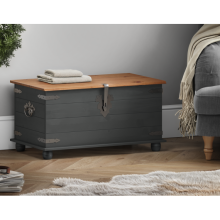 Corona Charcoal Blanket Box: Solid Pine Storage with Antique Waxed Top, Rustic Hardware, Eco-Friendly & Versatile for Bedroom or Living Room