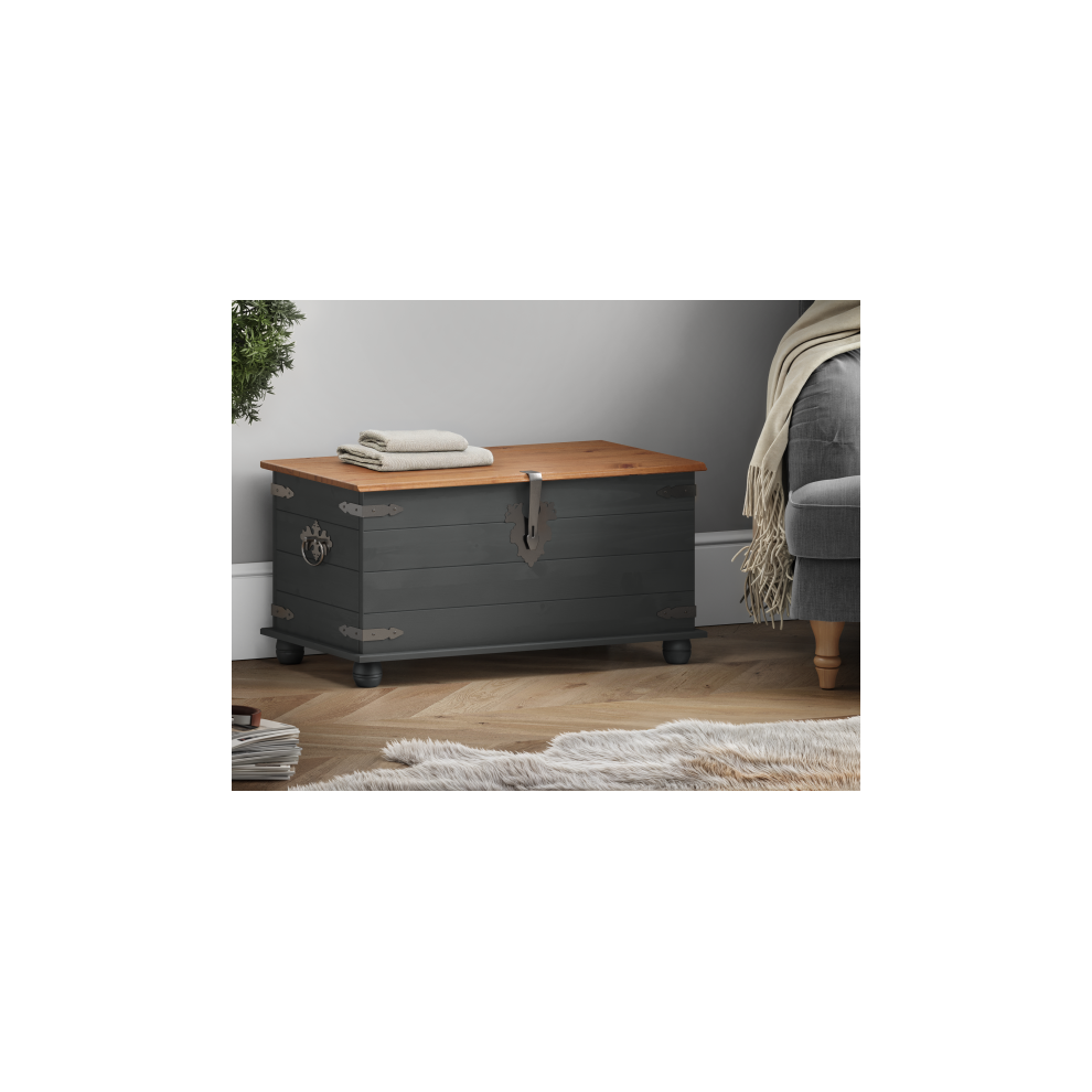 Mercers Furniture Corona Charcoal Blanket Box: Solid Pine Storage With Antique Waxed Top, Rustic Hardware, Eco-Friendly & Versatile For Bedroom Or Living Room