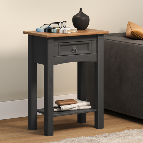 Mercers Furniture Mercers Corona Charcoal 1 Drawer Console Table - Solid Pine, Antique Waxed Top, Lower Shelf