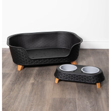 77cm x 58cm Black Plastic Raised Pet Basket with Legs and Black Plastic Double Pet Bowl Feeder with Stand Set