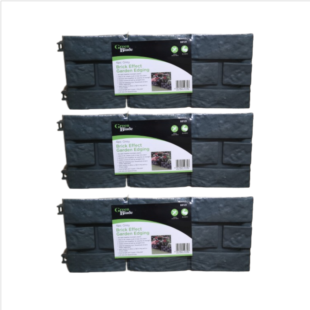 3 x 17cm 4 Piece Grey Brick Effect Garden Edging Decorative Boarder