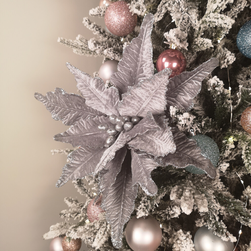 Samuel Alexander 68Cm Velvet Poinsettia Stem With 2 Flowers Christmas Decoration Silver