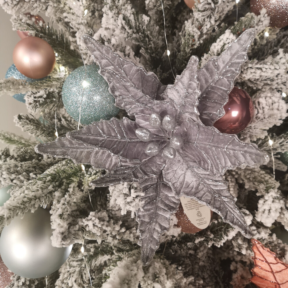 Samuel Alexander 50Cm Silver Velvet Poinsettia Stem With Glitter Christmas Decoration - Image 5