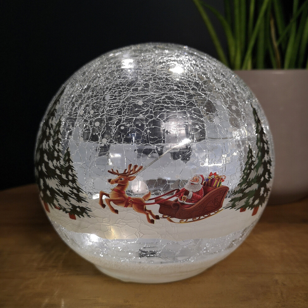 Samuel Alexander Battery Operated Warm Led Crackle Effect Ball Christmas Decoration With Reindeer And Sleigh White 15Cm