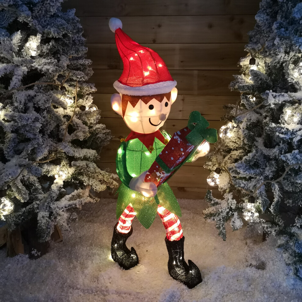 Samuel Alexander Unisex Multicolor Warm White Led Lit Elf Character With Present Christmas Decoration In Green & Red 107Cm - Image 5