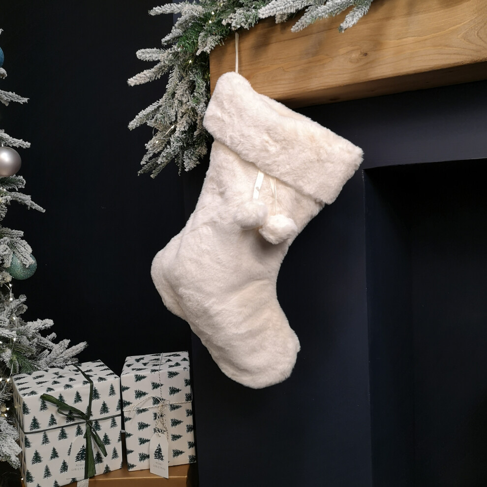 White 50Cm Winter Faux Fur Hanging Christmas Stocking With Pom Poms - Image 4