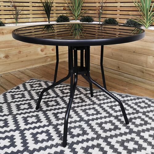 4 Person Round Black Garden Table with Glass Top & Parasol Hole
