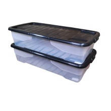 2 x 42L Clear Under Bed Storage Box with Black Lid, Stackable and Nestable Design Storage Solution