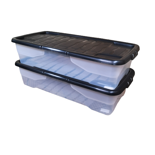 Samuel Alexander 2 x 42L Clear Under Bed Storage Box with Black Lid, Stackable and Nestable Design Storage Solution