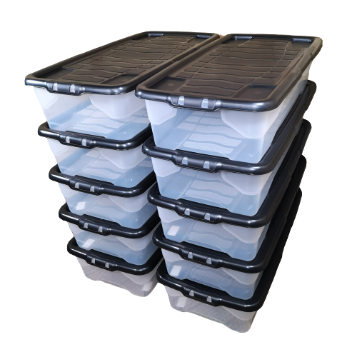 Samuel Alexander 10 x 42L Clear Under Bed Storage Box with Black Lid, Stackable and Nestable Design Storage Solution