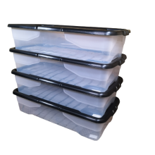 4 x 42L Clear Under Bed Storage Box with Black Lid, Stackable and Nestable Design Storage Solution