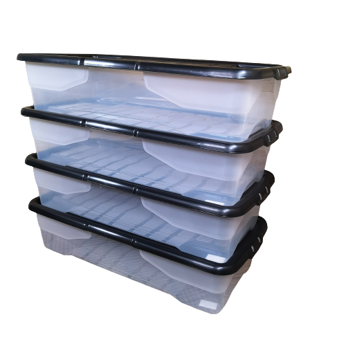 Samuel Alexander 4 x 42L Clear Under Bed Storage Box with Black Lid, Stackable and Nestable Design Storage Solution
