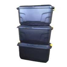3 x 75L Heavy Duty Trunks on Wheels Sturdy, Lockable, Stackable and Nestable Design Storage Chest with Clips in Black