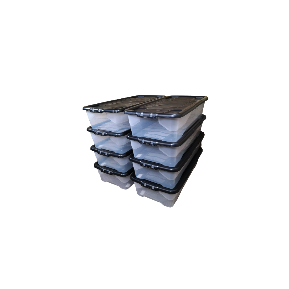 Samuel Alexander 8 X 42L Clear Under Bed Storage Box With Lid, Stackable And Nestable Design Storage Solution Black