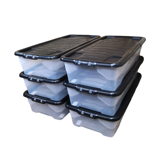 Samuel Alexander 6 x 42L Clear Under Bed Storage Box with Black Lid, Stackable and Nestable Design Storage Solution