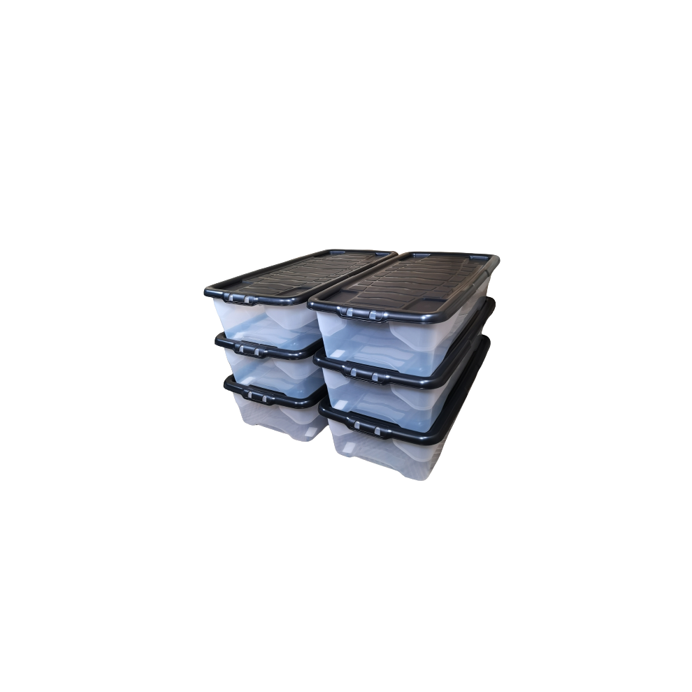 Samuel Alexander 6 X 42L Clear Under Bed Storage Box With Lid, Stackable And Nestable Design Storage Solution Black