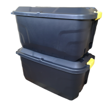 2 x 75L Heavy Duty Trunks on Wheels Sturdy, Lockable, Stackable and Nestable Design Storage Chest with Clips in Black