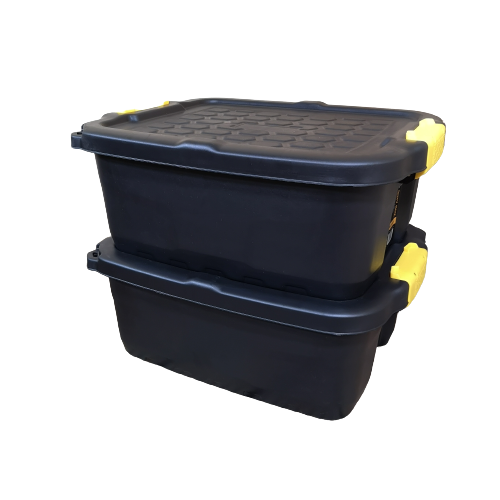 Samuel Alexander 2 x 24L Heavy Duty Storage Boxes, Sturdy, Lockable, Stackable and Nestable Design Storage Chests with Clips in Black