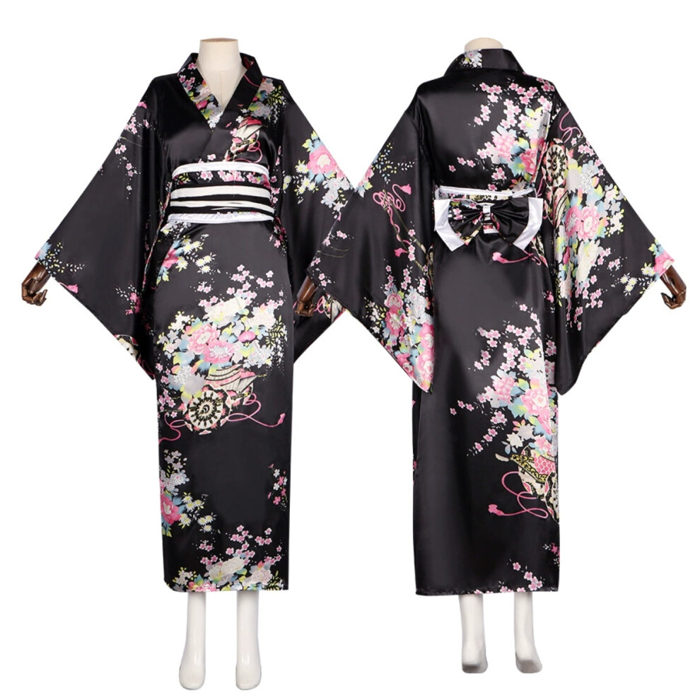 (Black, S) Traditional Japanese Kimono Cosplay Costume Women's Yukata Set for Anime, Stage Performance & Photoshoots