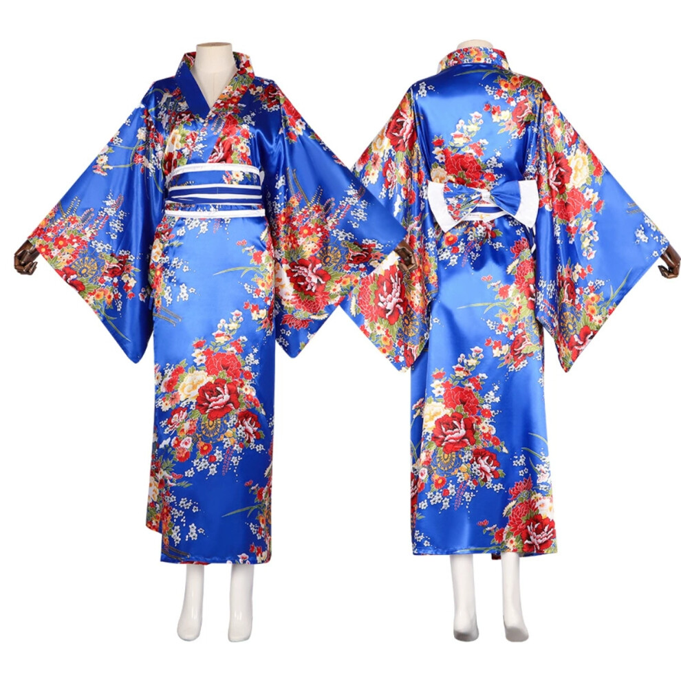 (Blue, M) Traditional Japanese Kimono Cosplay Costume Women's Yukata Set for Anime, Stage Performance & Photoshoots