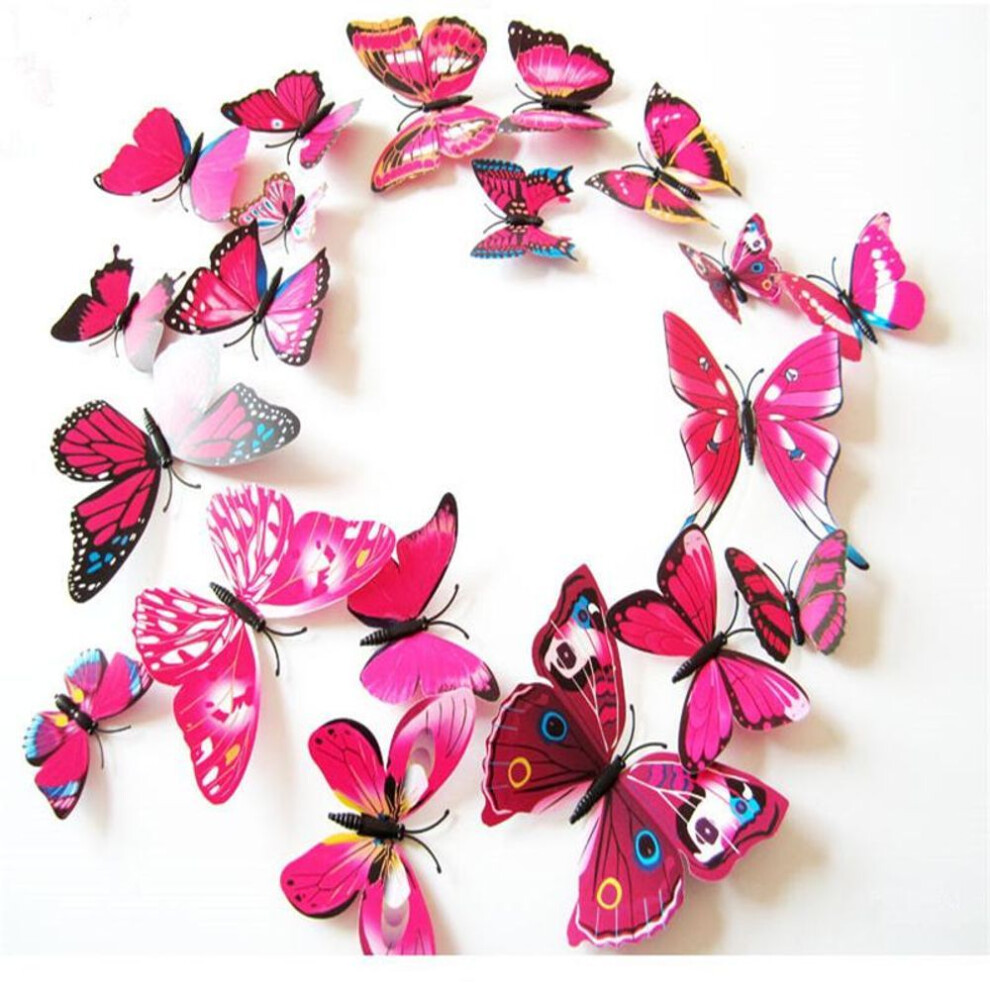 (rose red) 12pcs 3D Butterfly Sticker Art Design Decal Wall Decals Kids Home Decor Magnet