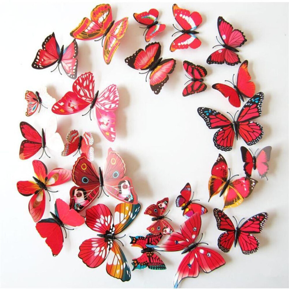 (red) 12pcs 3D Butterfly Sticker Art Design Decal Wall Decals Kids Home Decor Magnet