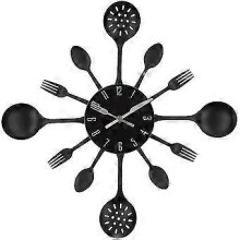 (Black, One size) Wall Clock, 16" Metal Kitchen Cutlery Utensil Spoon Fork Wall Clock