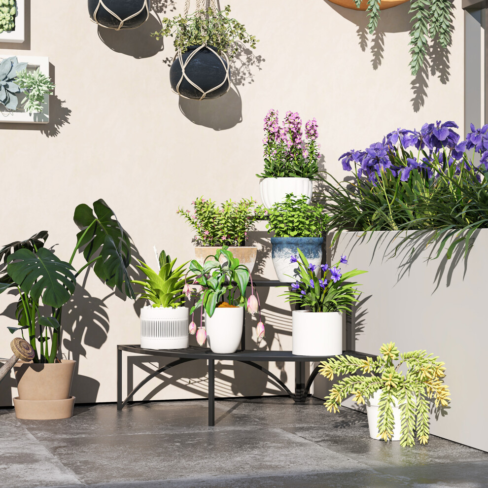 Outsunny 3 Tier Metal Corner Plant Stand for Garden Balcony Patio, Black
