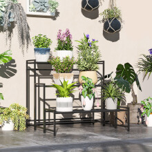 Outsunny 3-Tier Metal Plant Stand, Modern Ladder Shelf for Garden, Black