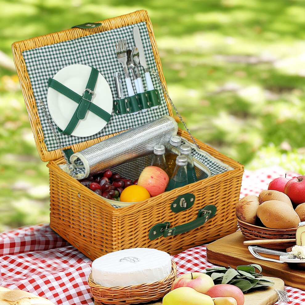 Outsunny Wicker Picnic Basket for 2 w/ Insulated Cooler Bag, Light Brown