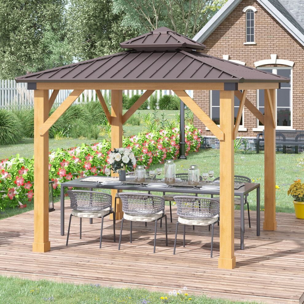 Outsunny 3x(3)M Double-Tier Hardtop Gazebo, Outdoor Patio Shelter, Brown