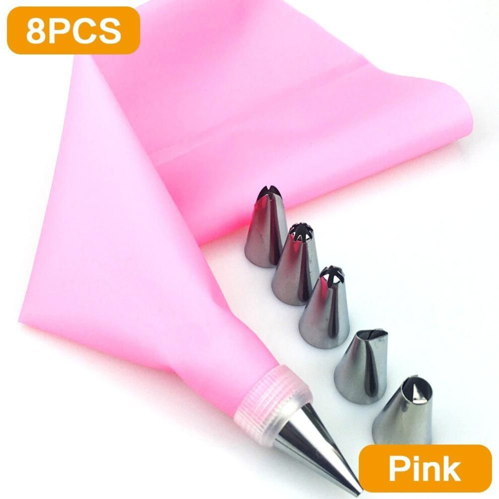 (pink) Silicone Pastry Bag Set with 8 Tips