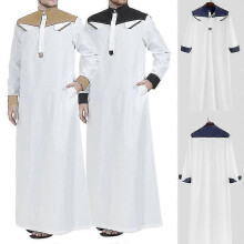 Traditional Muslim Clothing Contrast Color Muslim Dress Middle East Jubba Thobe Men Robe W/ Long Sleeves Mandarin Nec