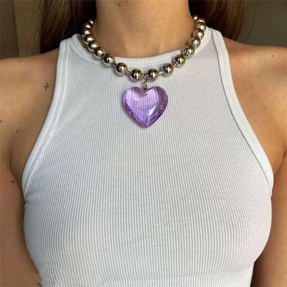 (light purple, 21cm-50cm) Girls Party Jewelry Short Choker Necklaces For Women Beads Chains Colorful Glass Hip Hop Minimalist Love Heart Pendant