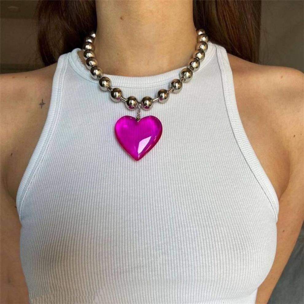 (rose red, 21cm-50cm) Girls Party Jewelry Short Choker Necklaces For Women Beads Chains Colorful Glass Hip Hop Minimalist Love Heart Pendant