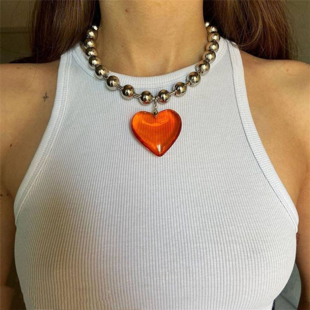 (orange, 21cm-50cm) Girls Party Jewelry Short Choker Necklaces For Women Beads Chains Colorful Glass Hip Hop Minimalist Love Heart Pendant