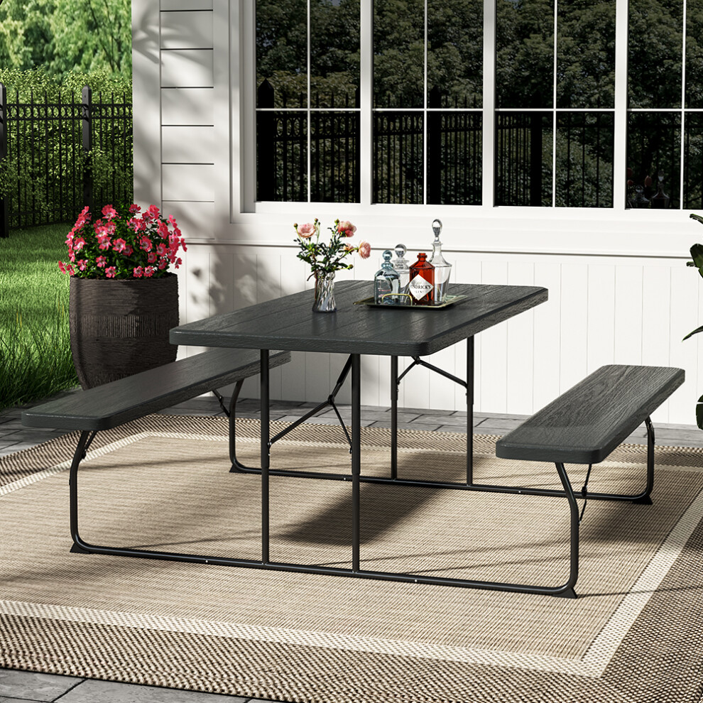 (Black) Foldable Picnic Table Bench Set with Parasol Hole