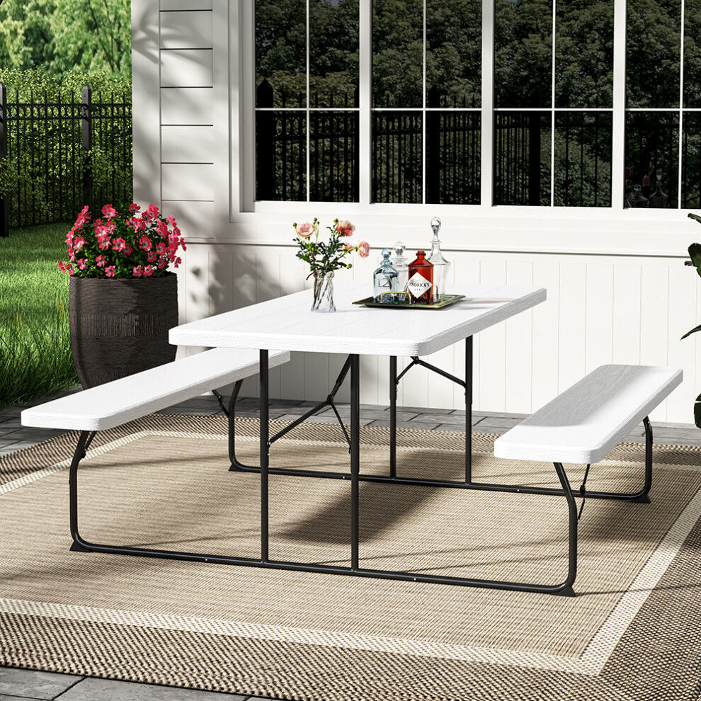 (White) Foldable Picnic Table Bench Set with Parasol Hole