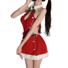 New Hollow Out Halter Women Christmas Dress Velvet Plush Backless Erotic Costumes Red Sexy Nightgown Holiday Club 2022 New