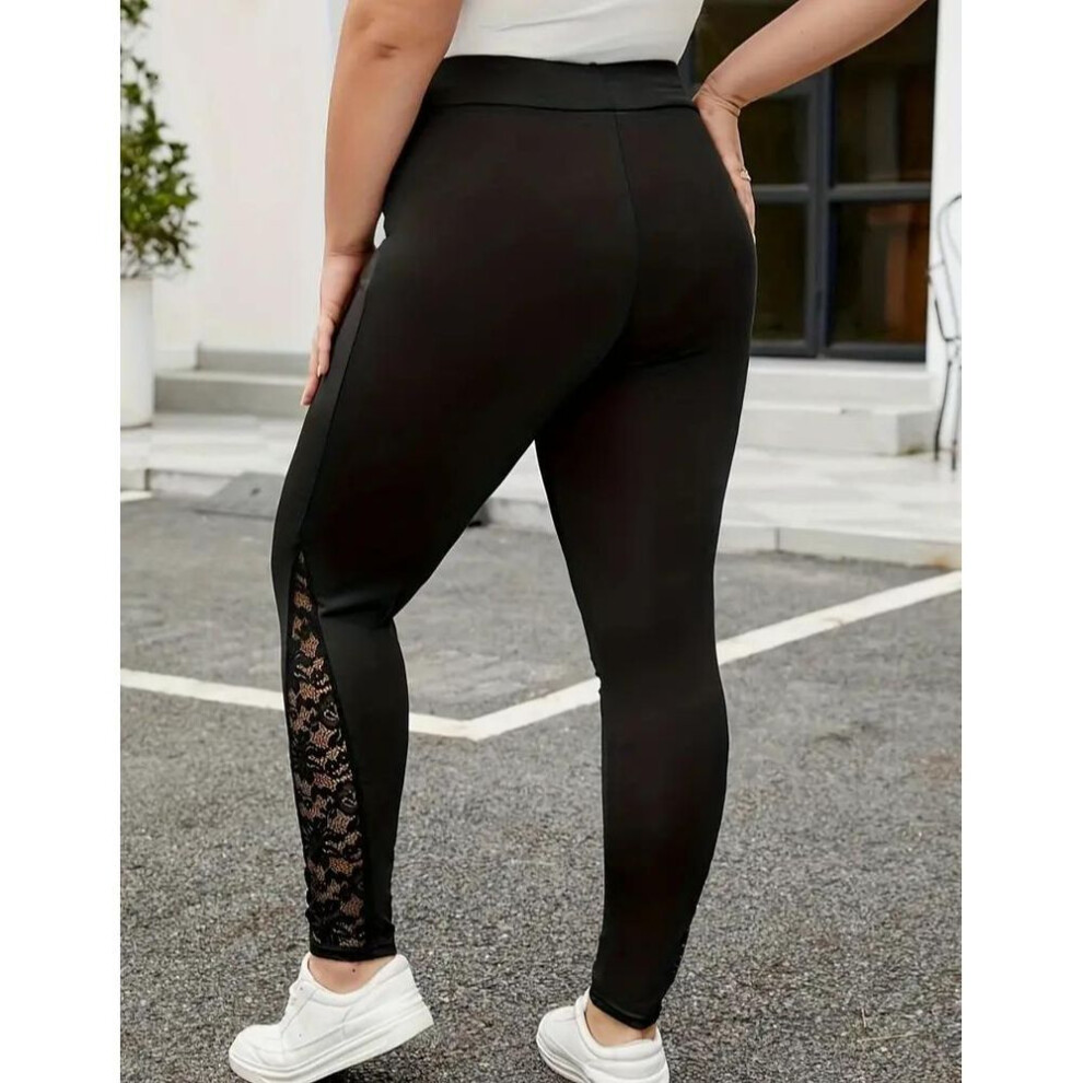 (black, XL) Plus Size Ladies Black Contrast Lace Leggings For Women High Waist Female Casual Skinny Leggings Bottoms