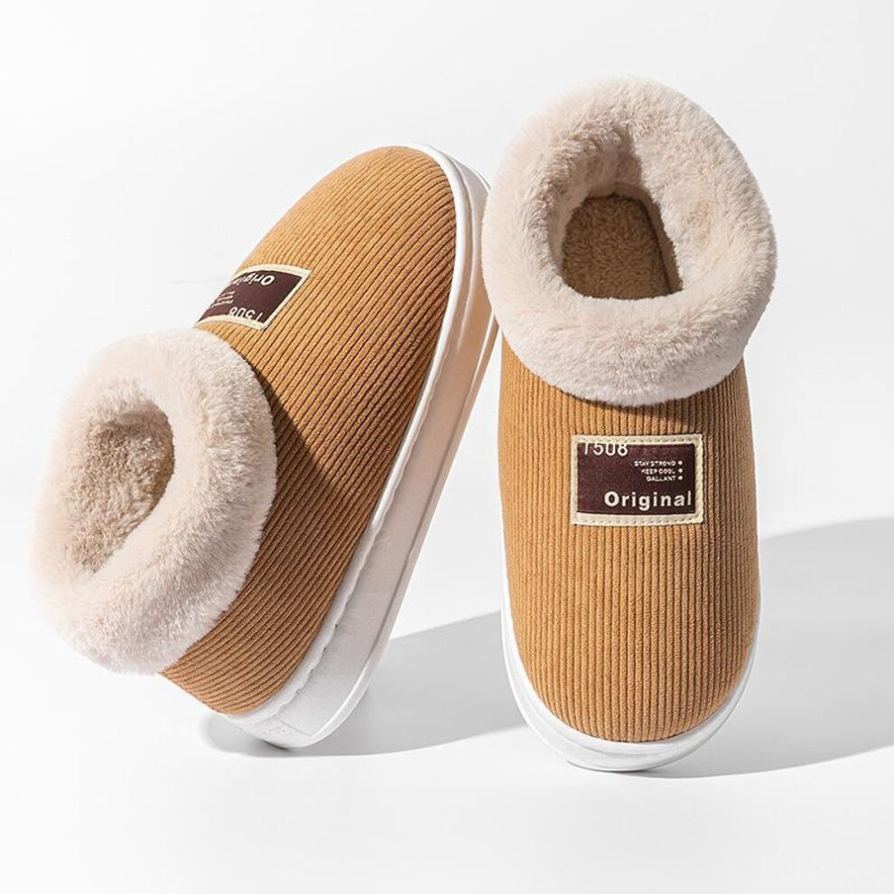 (khaki, 38-39) Autumn And Winter Couple Cotton Slippers Thick Soled Snow Boots Household Velvet Warm Cotton Slippers