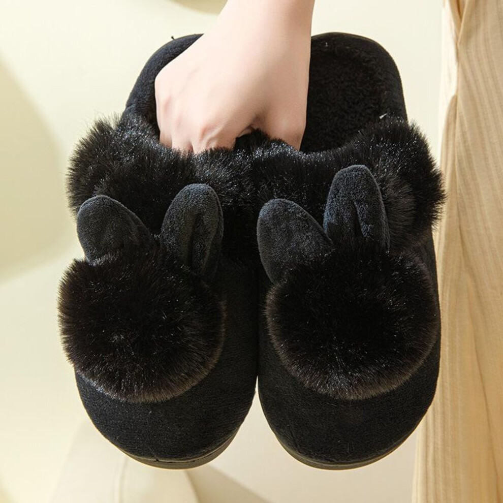 (black, 38-39) Winter Warm Home Fur Slippers Womens Indoor Home Rabbit Shoe Furry Ears Footwear Indoor Bedroom Flat Heels Fluffy Slippers Shoes